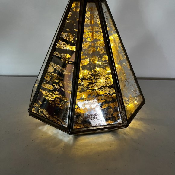 Mercury Glass Octagon Brass Lantern with LED Lights Strings 3 AAA Batteries Open - Picture 3 of 14